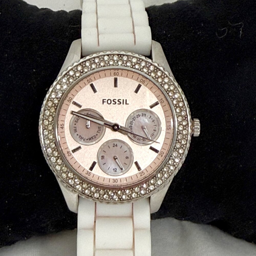 Fossil Stella ES2989 Pink Face Silicone Band Swarovski Crystal Bezel New Battery